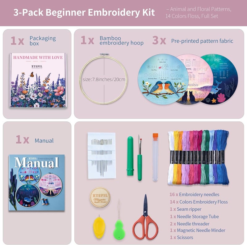 ETSPIL Beginner Embroidery Kit for Teens & Adults - 3-Pack, 19 Stitches, Pre-Stamped Patterns, Needle Minder, 7.8-Inch Hoop, Threads & Needles, Guide & Video - DIY Craft Gift for Women - Image 2